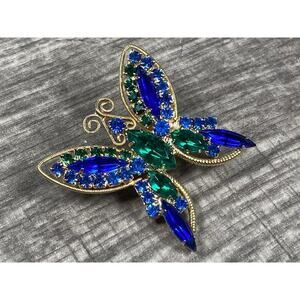 Vintage Juliana D & E Blue & Green Rhinestones Gold Tone Butterfly Brooch Pin
